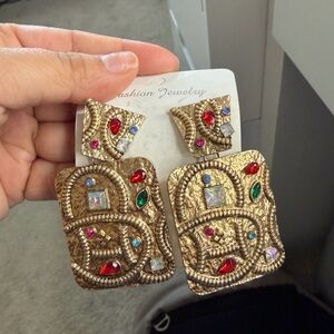 Gold Statement Earrings with Multicolor Gems